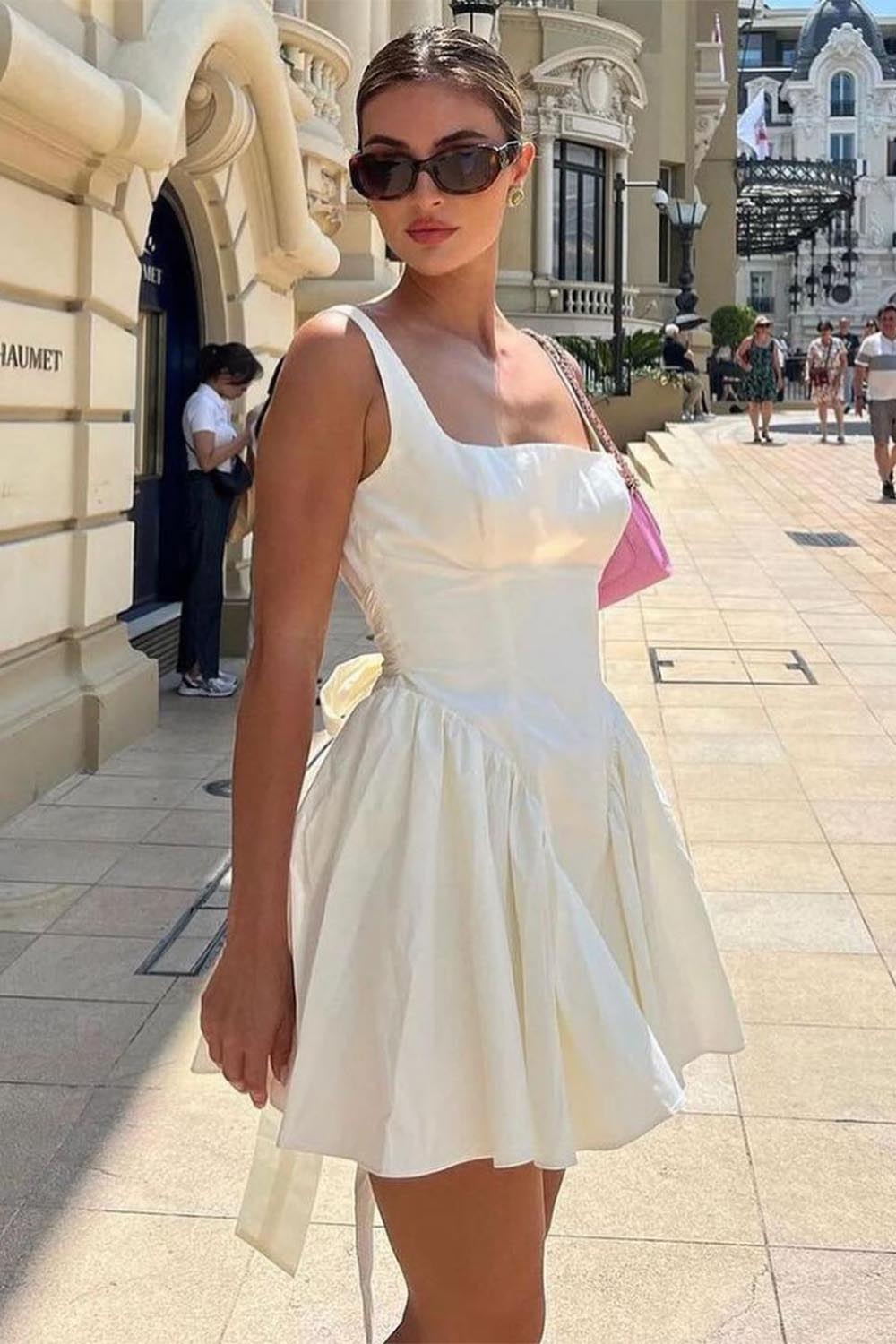 Square Neck Bare Back Bow Short White Dress