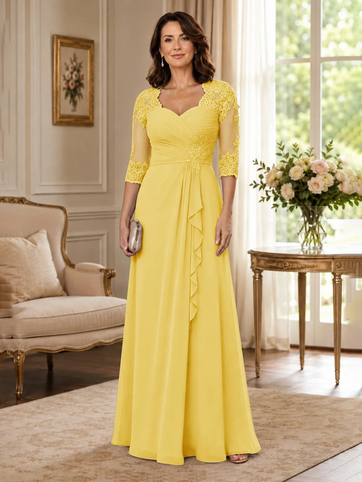 Chiffon Lace Applique Mother of the Bride Dress with 3/4 Sleeves