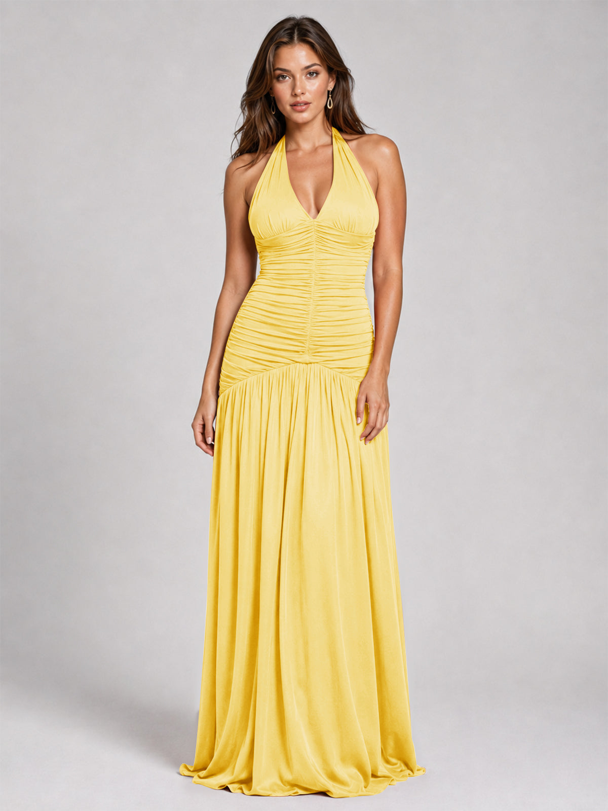 Burnt Orange Ruched Halter Drop-Waist Prom Dress