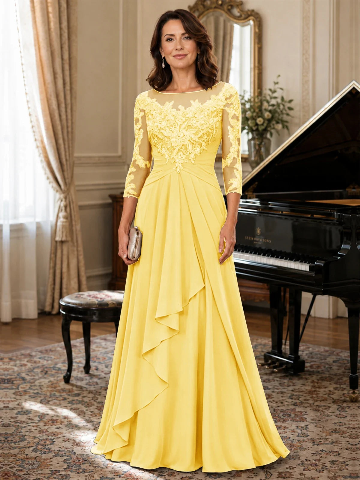A-Line Chiffon Mother of the Bride Dress with Floral Applique 3/4 Sleeves