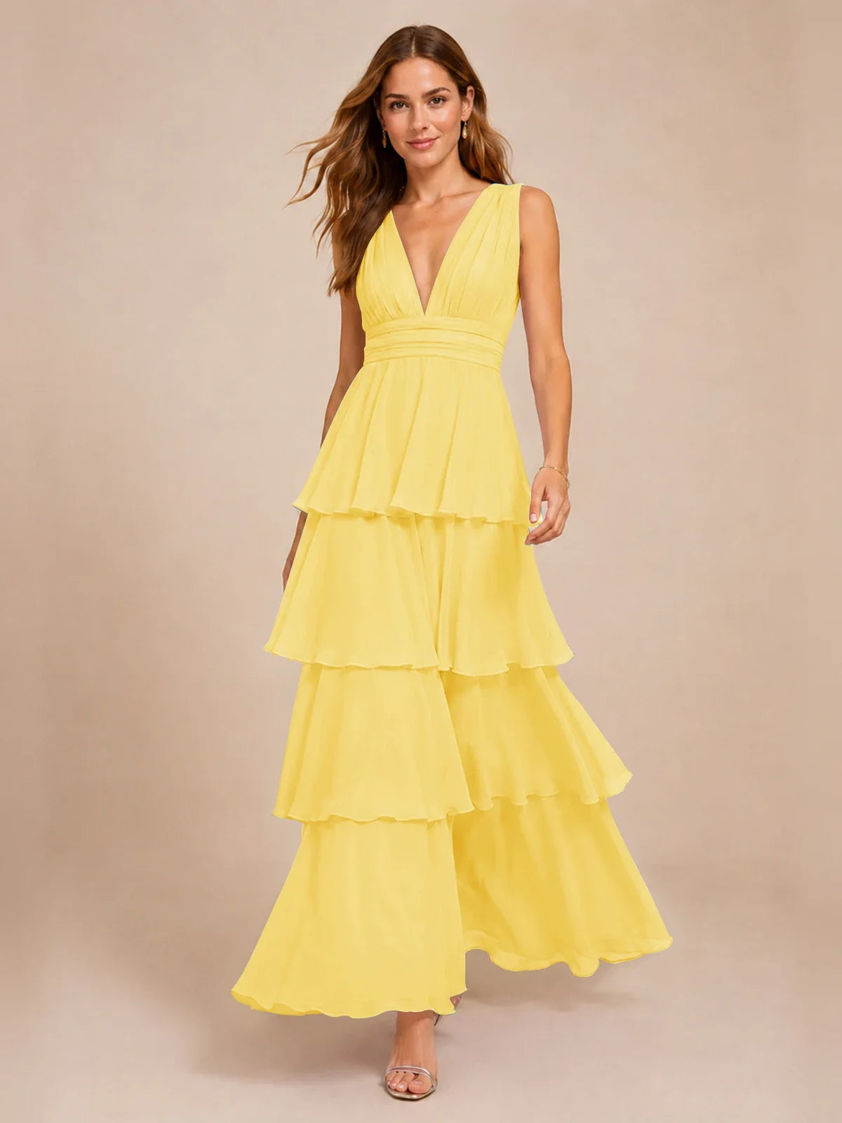 Elegant Deep V Neck Chiffon Bridesmaid Dress with Tiered Ruffles