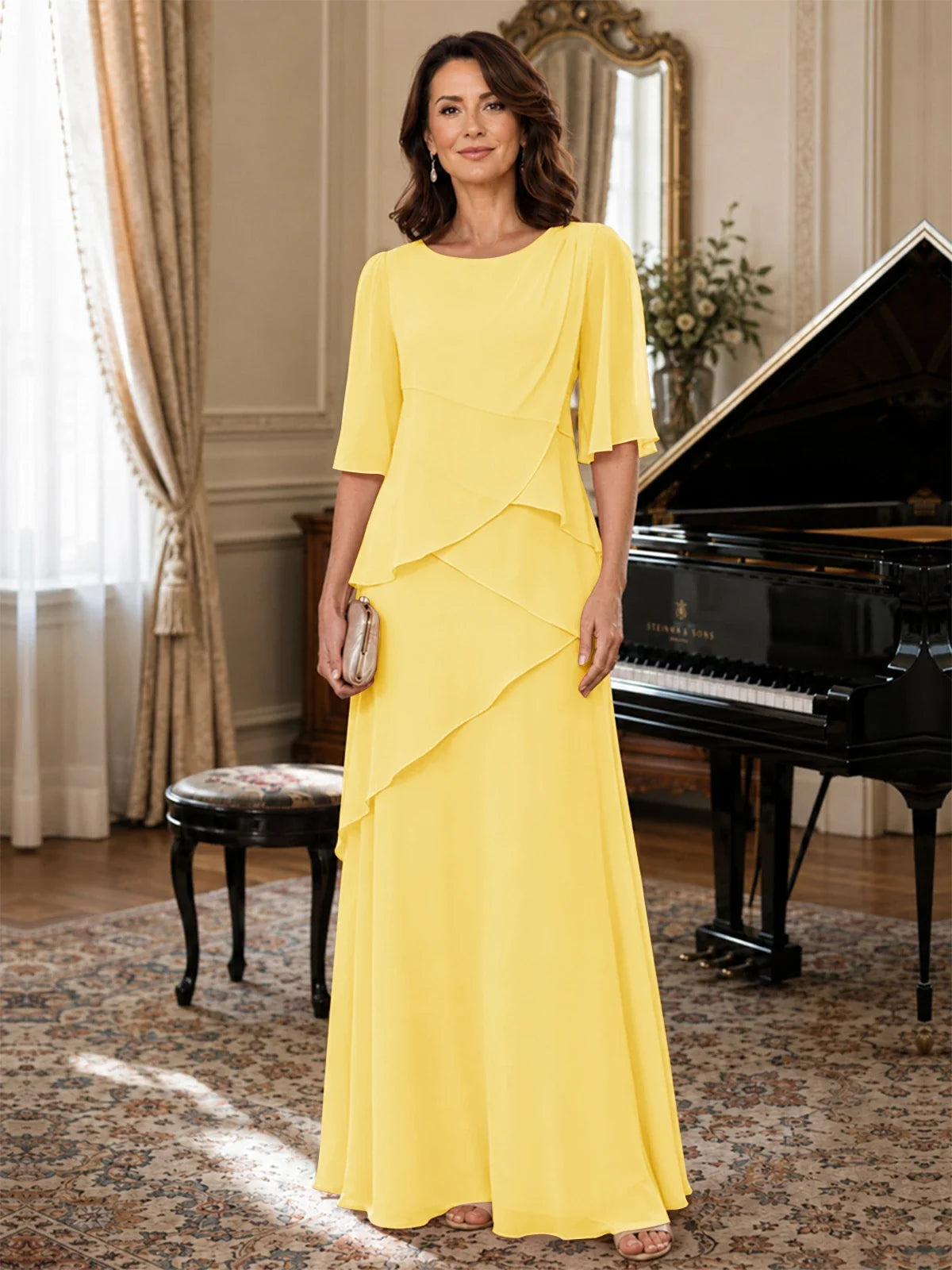 Asymmetric Draped Chiffon Mother of the Bride Dress with Flutter Sleeves