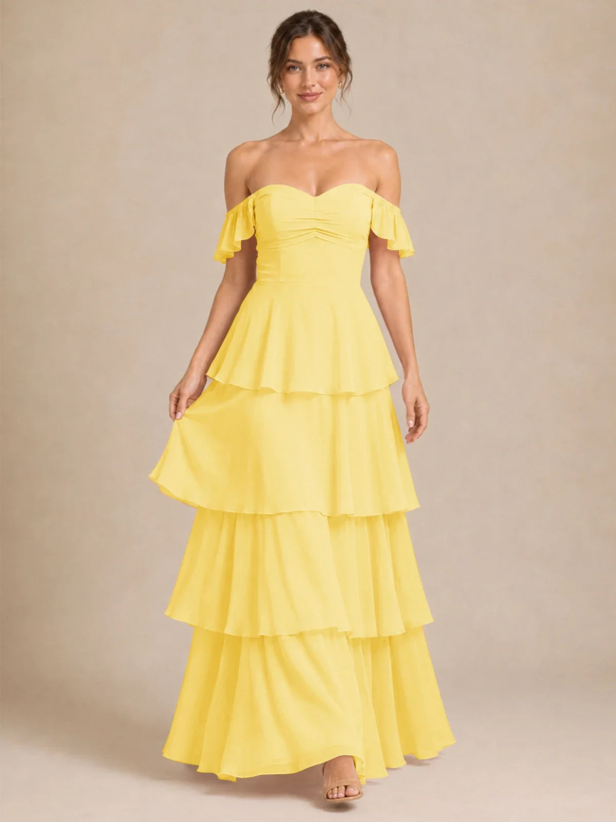 Off Shoulder Tiered Chiffon A-Line Bridesmaid Dress