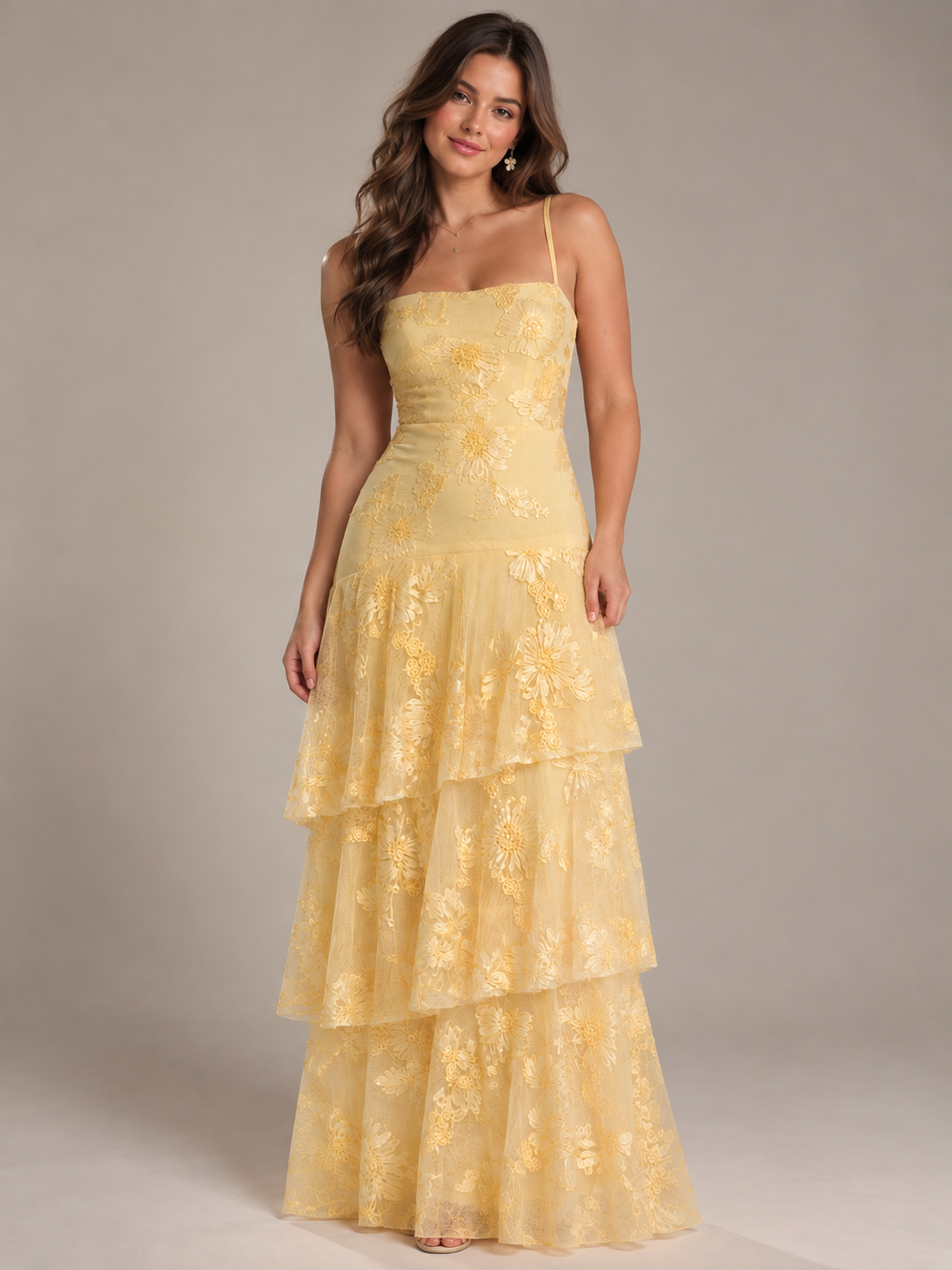 Yellow Tiered Ruffles Floral Embroidery Prom Dress