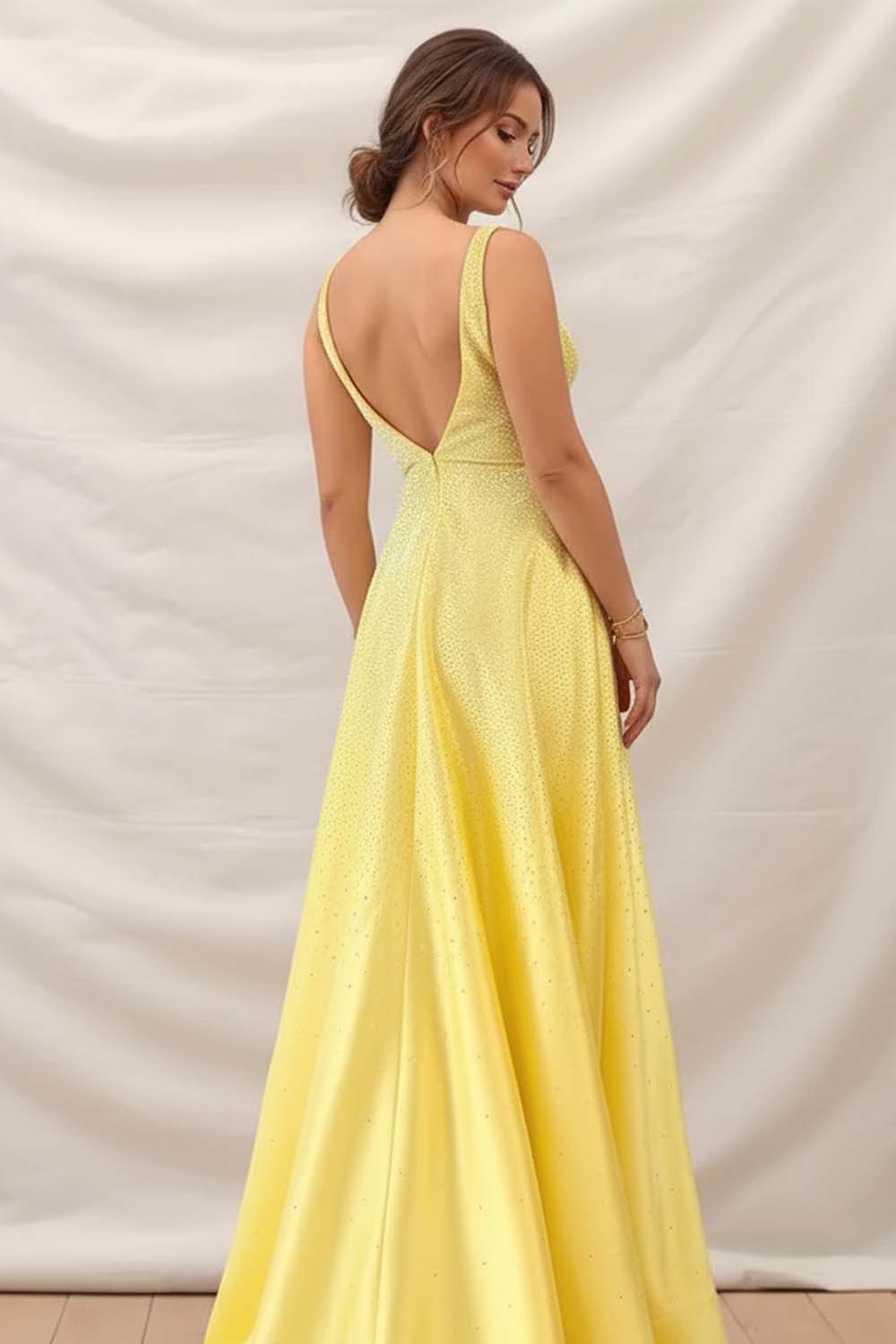 Yellow Open Back Prom Dress with Beads