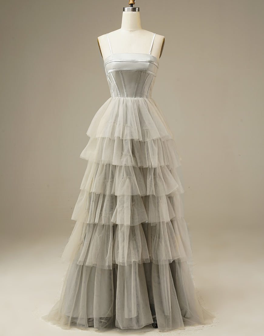 Light Grey Tiered Tulle Princess Prom Dress
